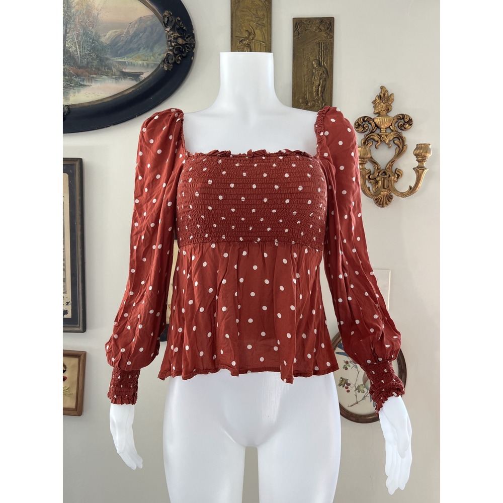 Auguste Red White Polka Dot Smocked Square Neck Long Sleeve Blouse Size 6
